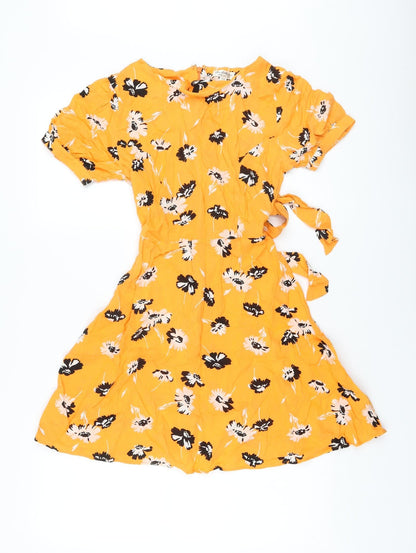 Miss Selfridge Womens Orange Floral Viscose A-Line Size 8 Round Neck Zip