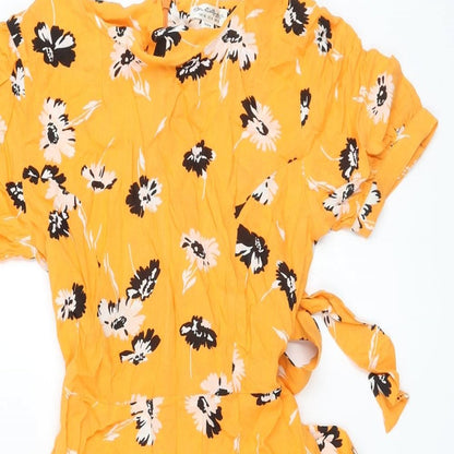 Miss Selfridge Womens Orange Floral Viscose A-Line Size 8 Round Neck Zip