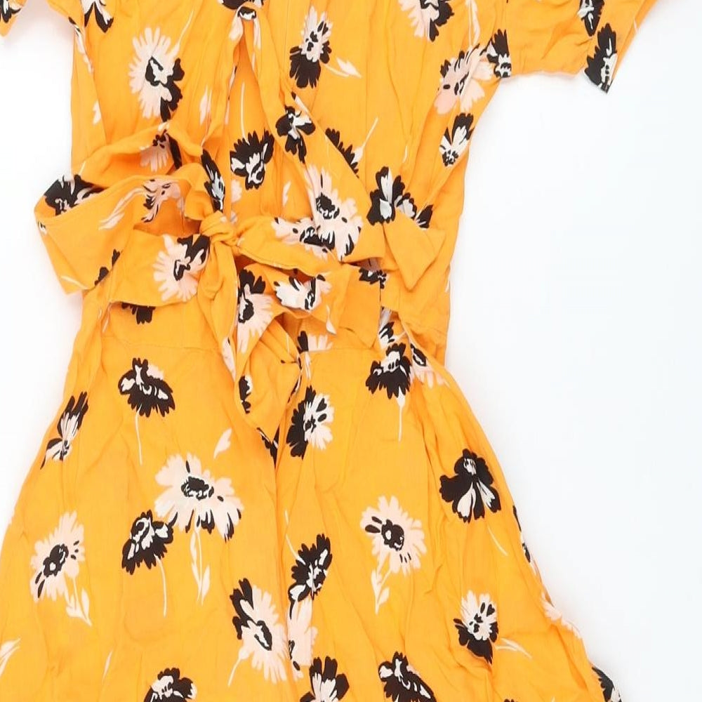 Miss Selfridge Womens Orange Floral Viscose A-Line Size 8 Round Neck Zip