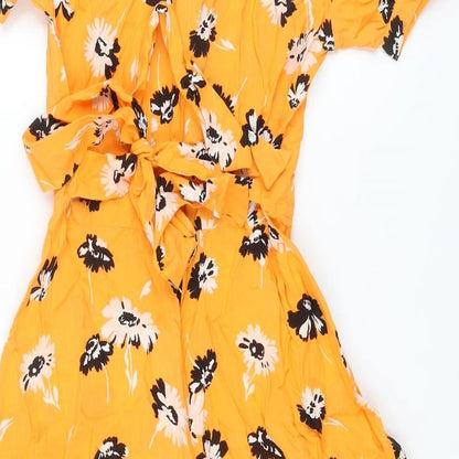 Miss Selfridge Womens Orange Floral Viscose A-Line Size 8 Round Neck Zip
