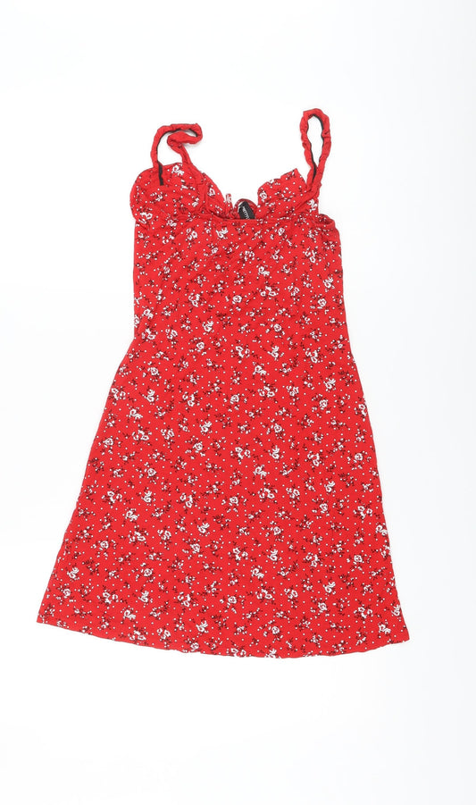 PRETTYLITTLETHING Womens Red Floral Viscose Mini Size 6 Sweetheart Pullover