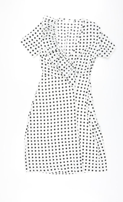 Missguided Womens White Polka Dot Polyester A-Line Size 8 V-Neck Zip