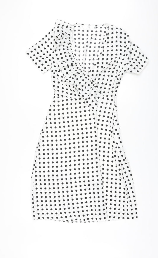 Missguided Womens White Polka Dot Polyester A-Line Size 8 V-Neck Zip