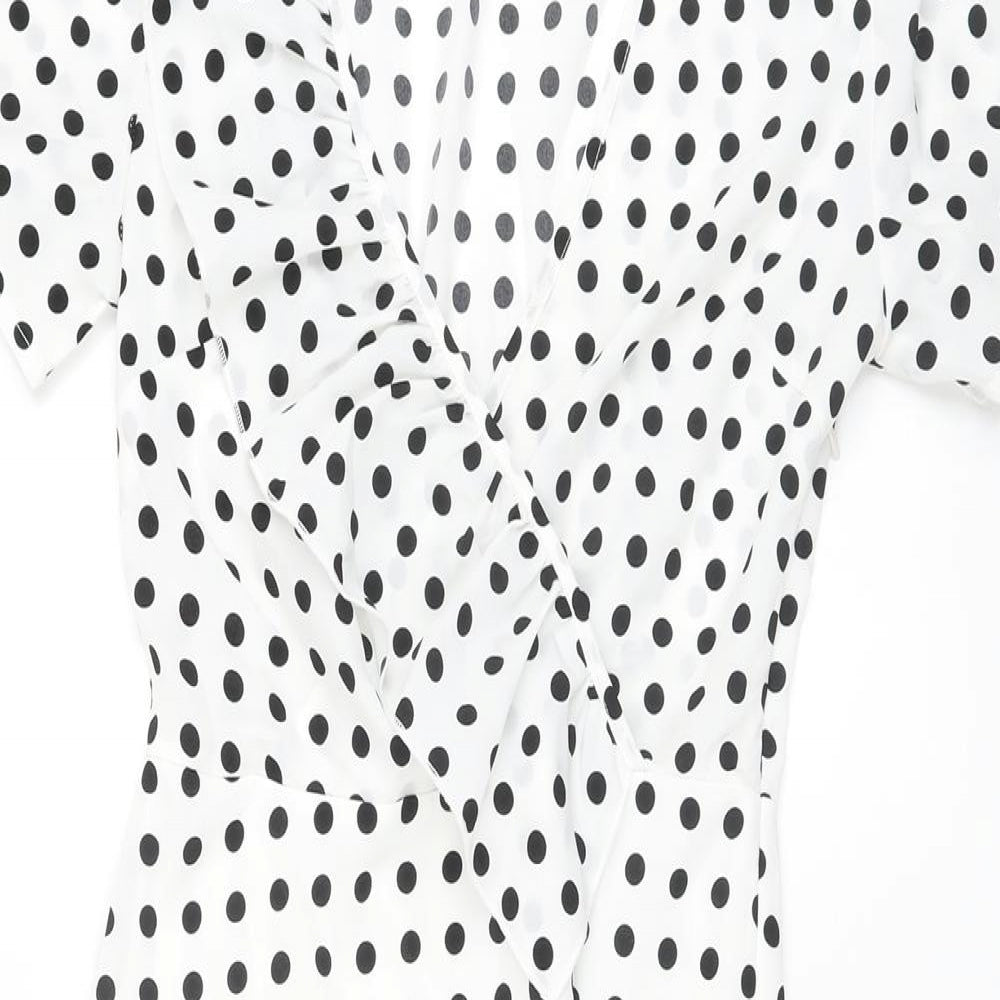 Missguided Womens White Polka Dot Polyester A-Line Size 8 V-Neck Zip