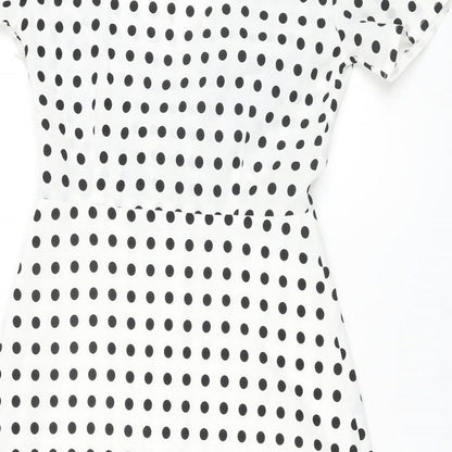 Missguided Womens White Polka Dot Polyester A-Line Size 8 V-Neck Zip