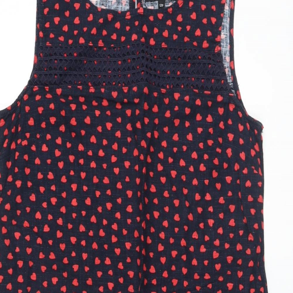 NEXT Womens Blue Geometric Linen A-Line Size 12 Round Neck Button