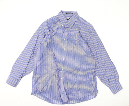 Kirkland Mens Blue Striped Polyester Button-Up Size 16.5 Collared Button