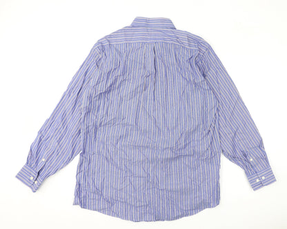Kirkland Mens Blue Striped Polyester Button-Up Size 16.5 Collared Button