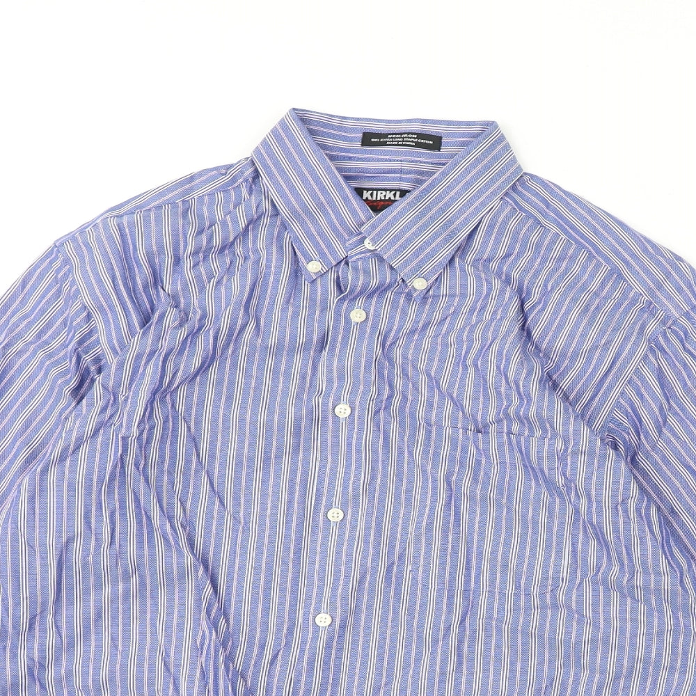 Kirkland Mens Blue Striped Polyester Button-Up Size 16.5 Collared Button