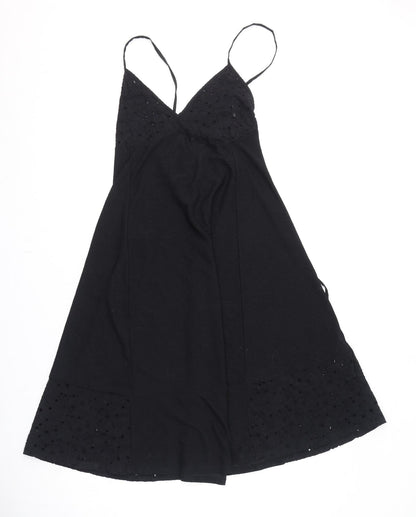 Zara Womens Black Polyester A-Line Size S V-Neck Tie - Floral Embroidery