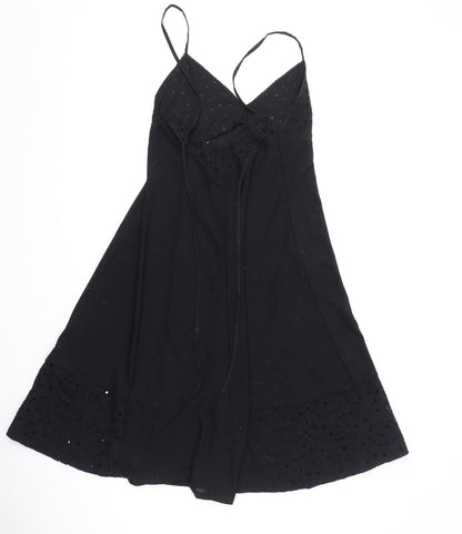 Zara Womens Black Polyester A-Line Size S V-Neck Tie - Floral Embroidery