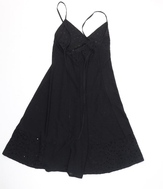 Zara Womens Black Polyester A-Line Size S V-Neck Tie - Floral Embroidery