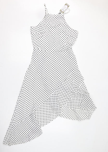 Boohoo Womens White Polka Dot Polyester A-Line Size 10 Square Neck Button