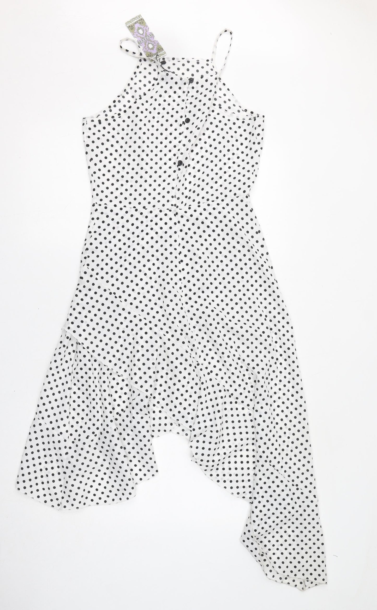 Boohoo Womens White Polka Dot Polyester A-Line Size 10 Square Neck Button