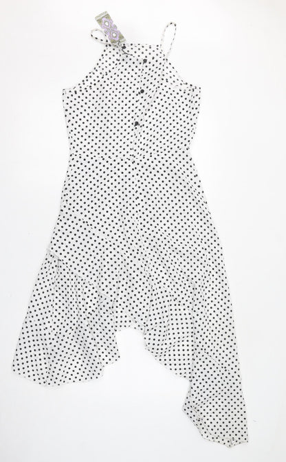 Boohoo Womens White Polka Dot Polyester A-Line Size 10 Square Neck Button