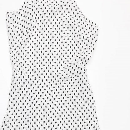Boohoo Womens White Polka Dot Polyester A-Line Size 10 Square Neck Button