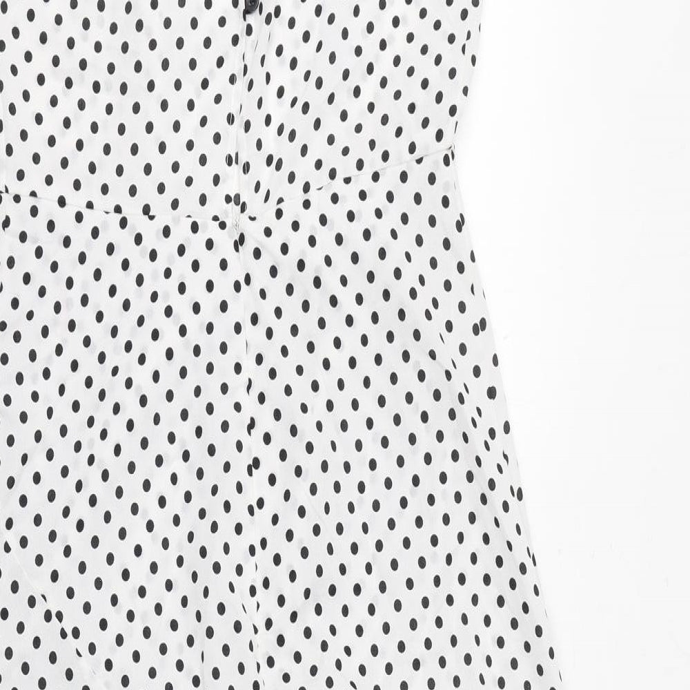 Boohoo Womens White Polka Dot Polyester A-Line Size 10 Square Neck Button