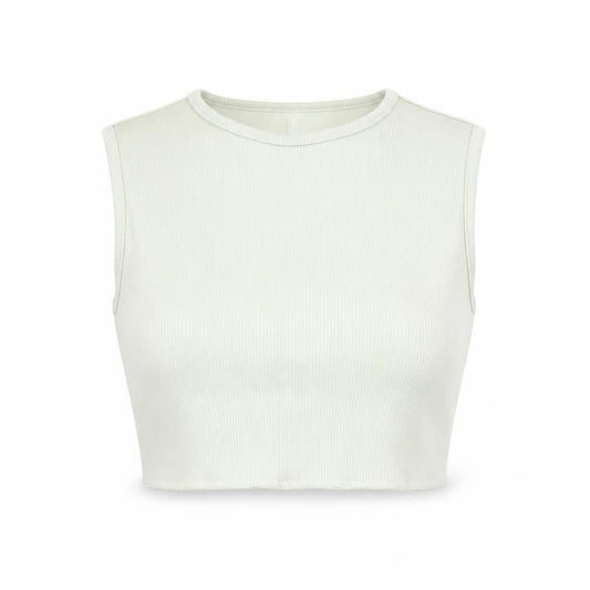Front view of In the Style women’s green polyester cropped tank, size UK 10, round neck - ribbed