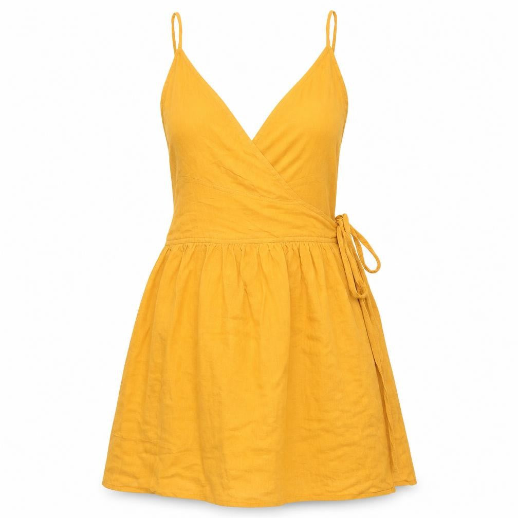 Front view of ASOS women’s yellow 100% cotton wrap dress, size UK 10, v-neck tie