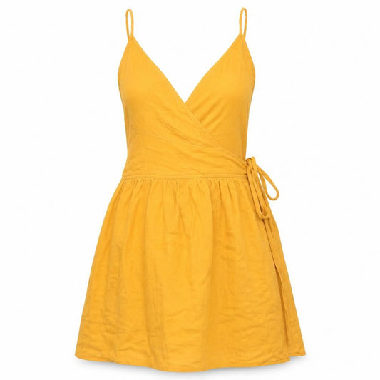 Front view of ASOS women’s yellow 100% cotton wrap dress, size UK 10, v-neck tie
