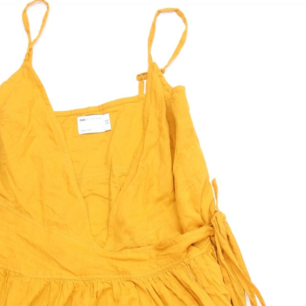 ASOS Womens Yellow 100% Cotton Wrap Dress Size 10 V-Neck Tie