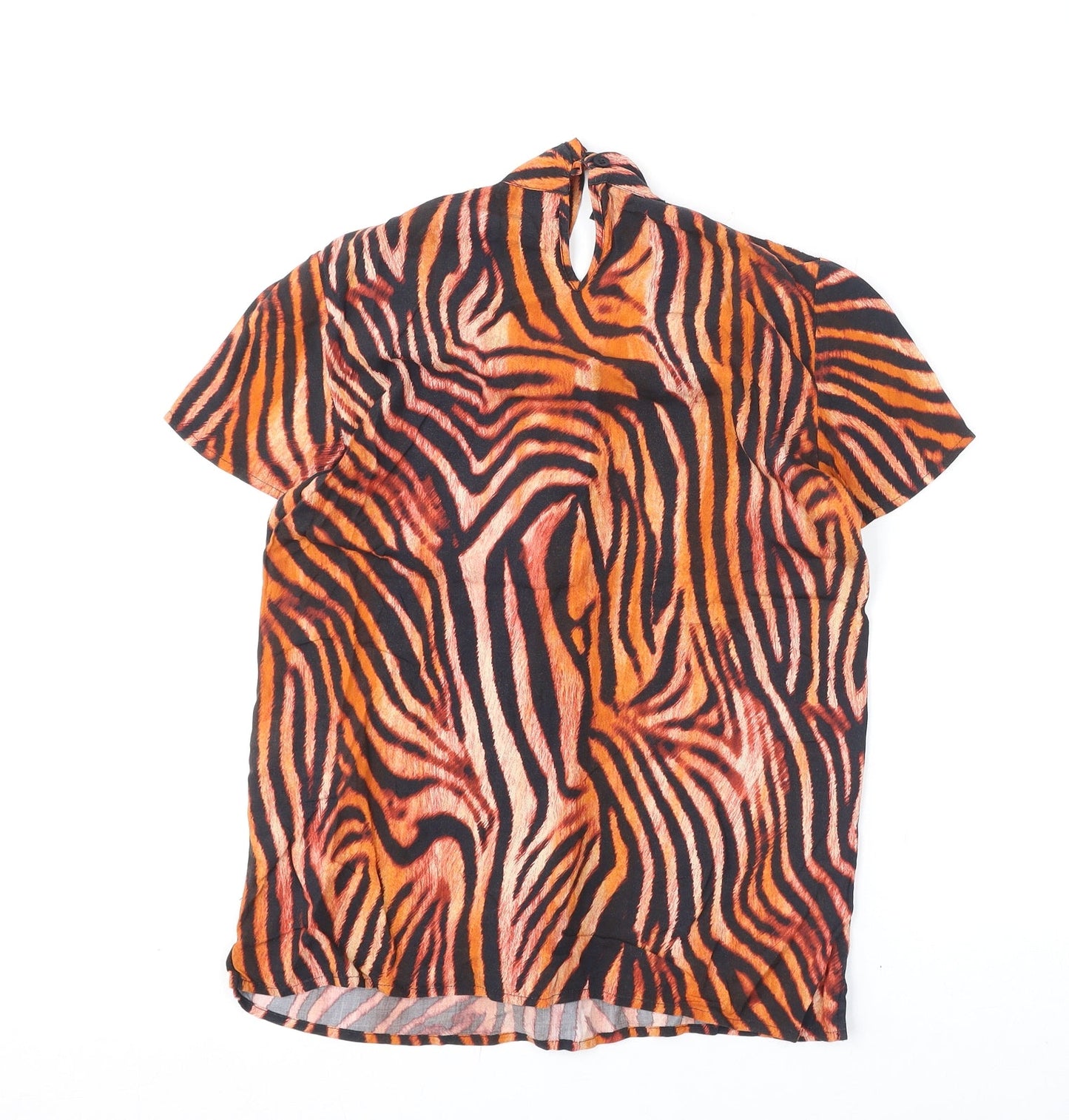 Madeleine Womens Orange Animal Print Viscose Basic Blouse Size 8 Round Neck - Tiger Print, Tie Detail