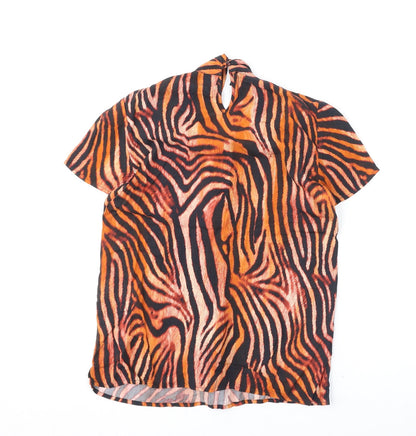 Madeleine Womens Orange Animal Print Viscose Basic Blouse Size 8 Round Neck - Tiger Print, Tie Detail