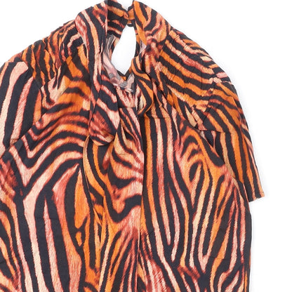 Madeleine Womens Orange Animal Print Viscose Basic Blouse Size 8 Round Neck - Tiger Print, Tie Detail