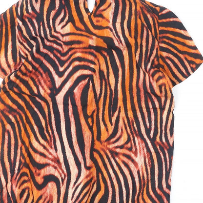 Madeleine Womens Orange Animal Print Viscose Basic Blouse Size 8 Round Neck - Tiger Print, Tie Detail