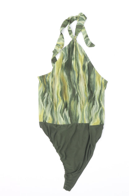 Boohoo Womens Green Geometric Polyester Bodysuit One-Piece Size 16 Snap - Tie Neck