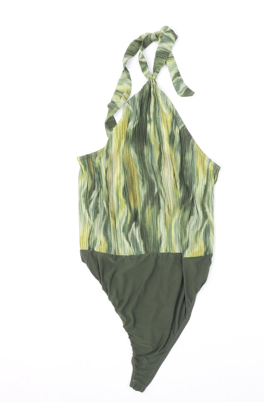 Boohoo Womens Green Geometric Polyester Bodysuit One-Piece Size 16 Snap - Tie Neck