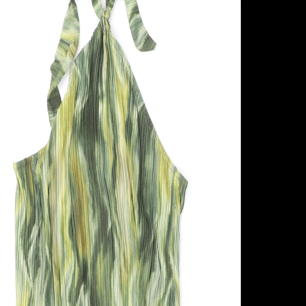 Boohoo Womens Green Geometric Polyester Bodysuit One-Piece Size 16 Snap - Tie Neck