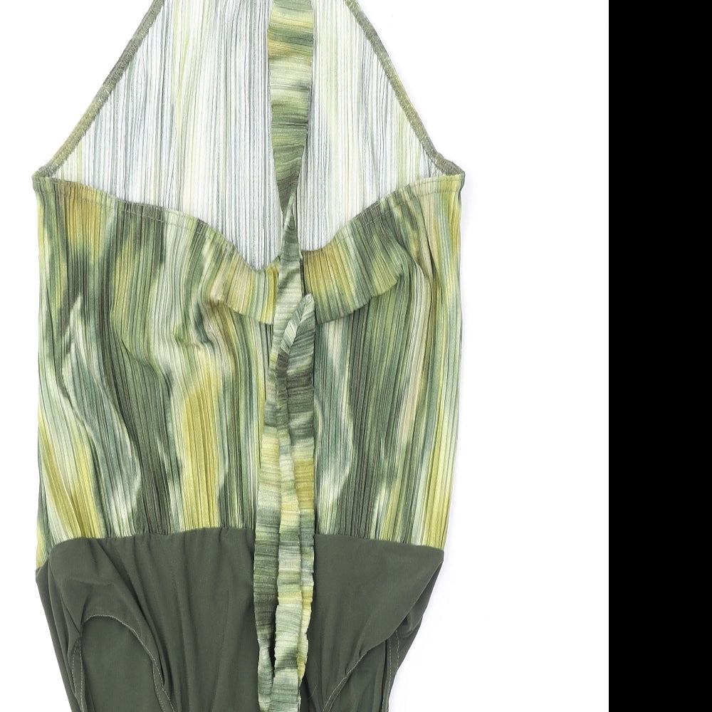 Boohoo Womens Green Geometric Polyester Bodysuit One-Piece Size 16 Snap - Tie Neck