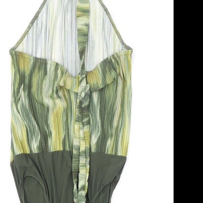 Boohoo Womens Green Geometric Polyester Bodysuit One-Piece Size 16 Snap - Tie Neck
