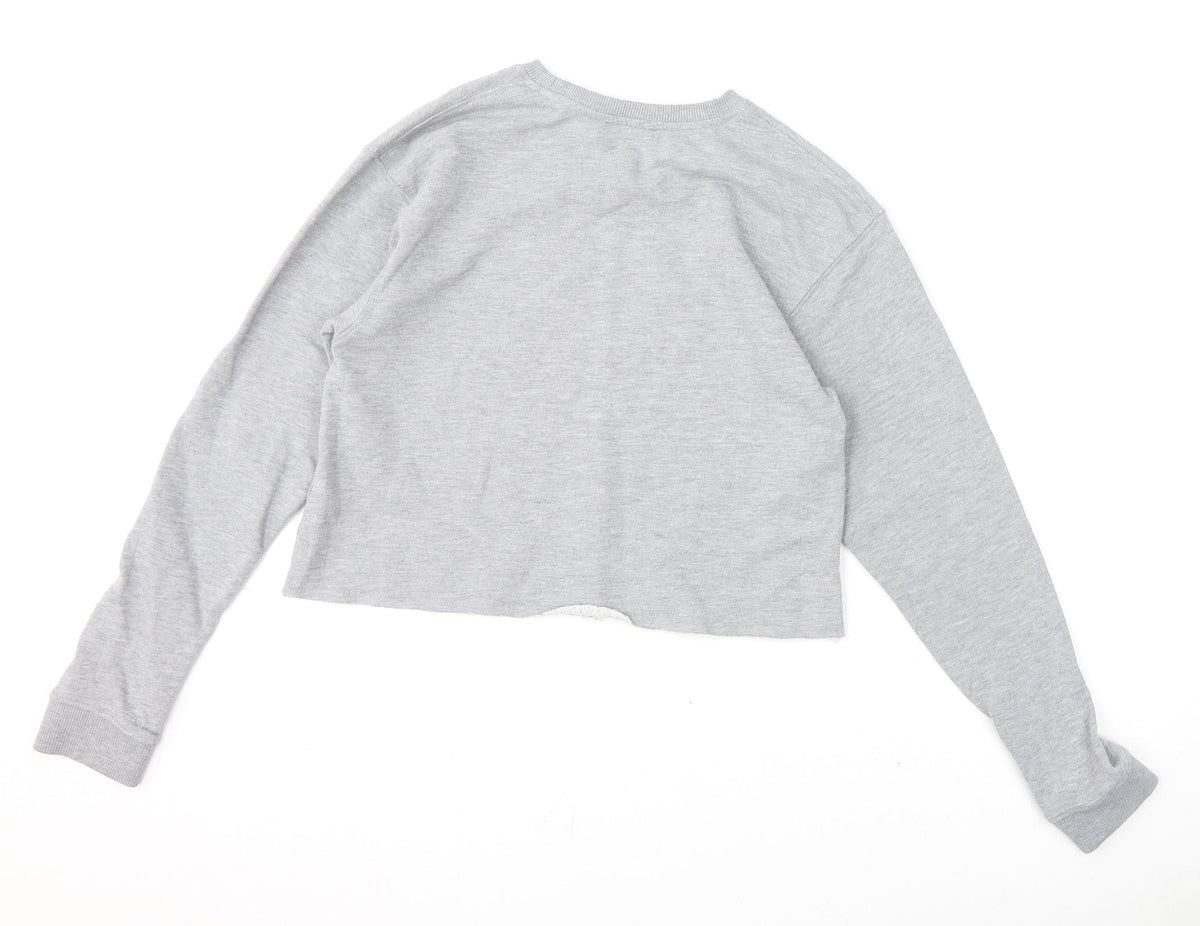 Back view of Miss Selfridge women’s grey polyester pullover sweatshirt, size UK 10, pullover - cropped
