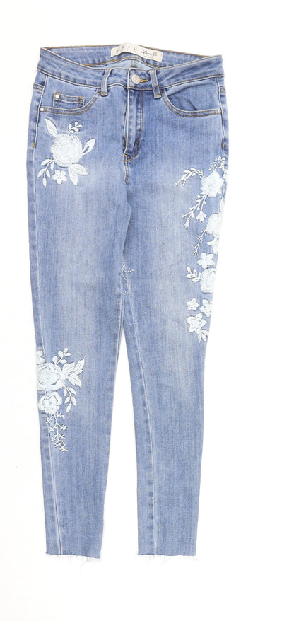 Denim & Co. Womens Blue Cotton Skinny Jeans Size 10 L25 in Regular Zip - Floral Embroidery