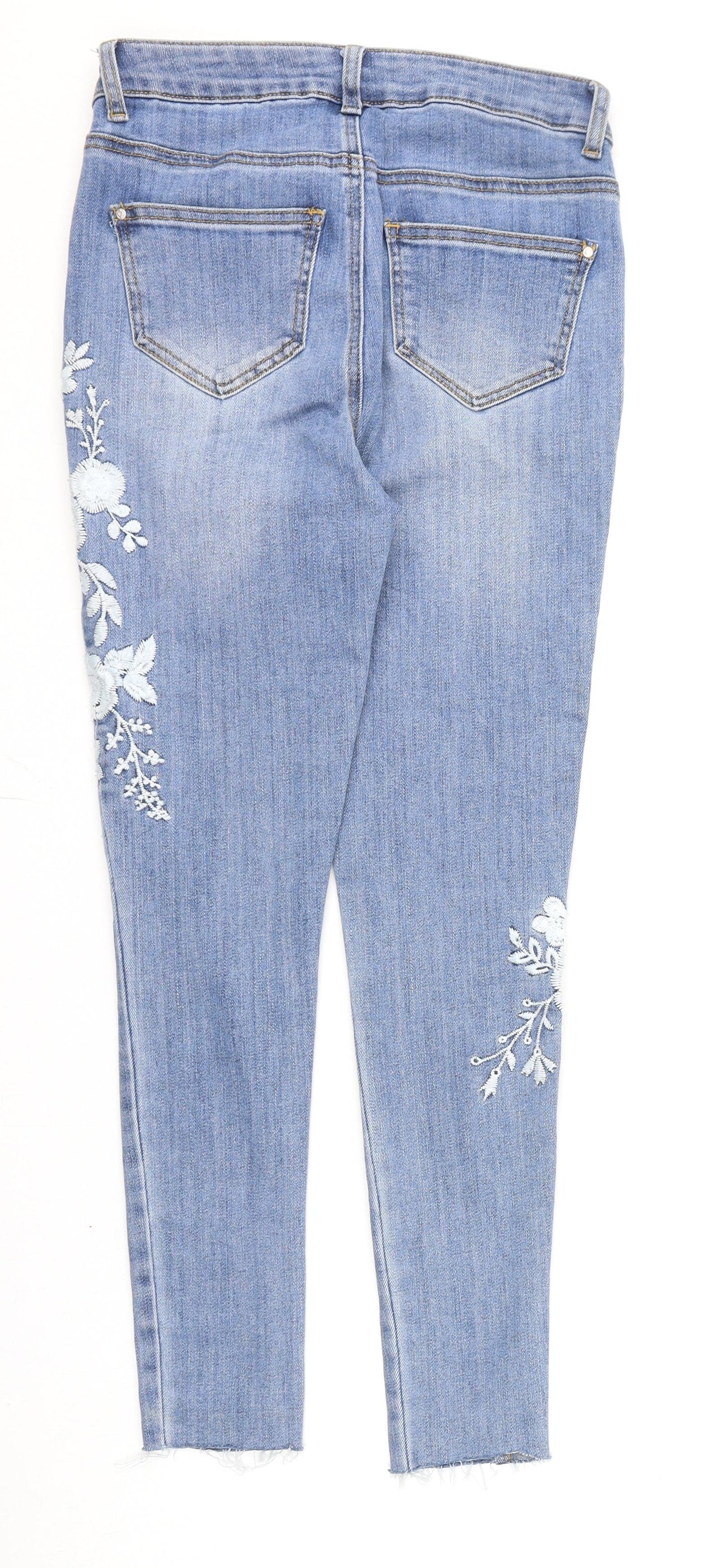 Denim & Co. Womens Blue Cotton Skinny Jeans Size 10 L25 in Regular Zip - Floral Embroidery