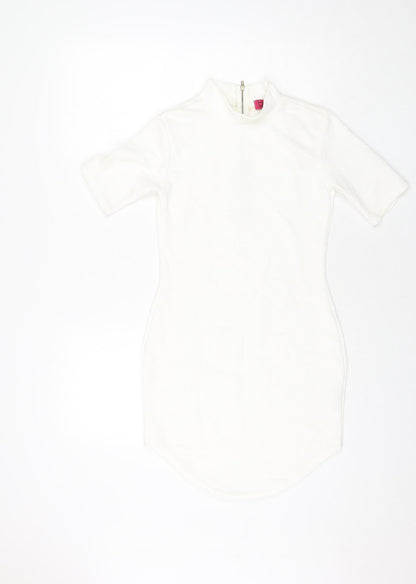 Boohoo Womens White Polyester Bodycon Size 8 Mock Neck Zip - Ribbed