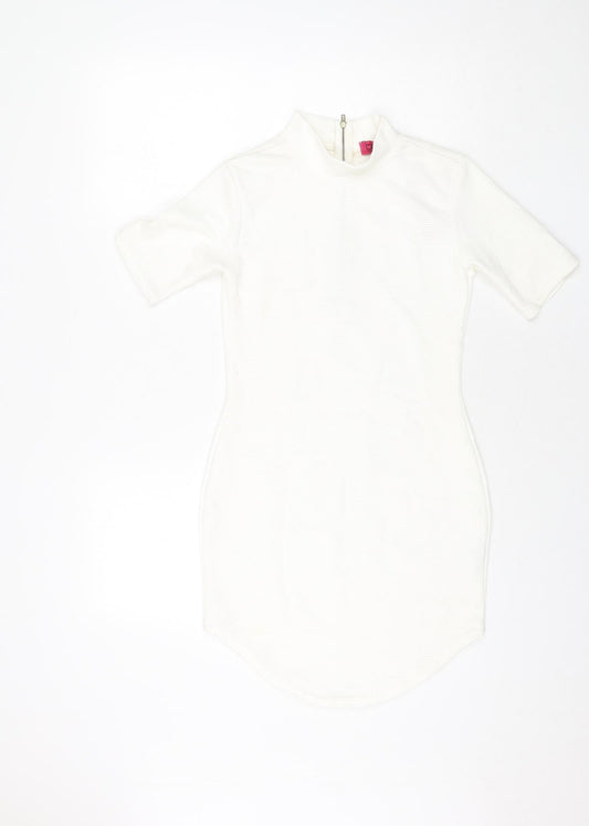 Boohoo Womens White Polyester Bodycon Size 8 Mock Neck Zip - Ribbed