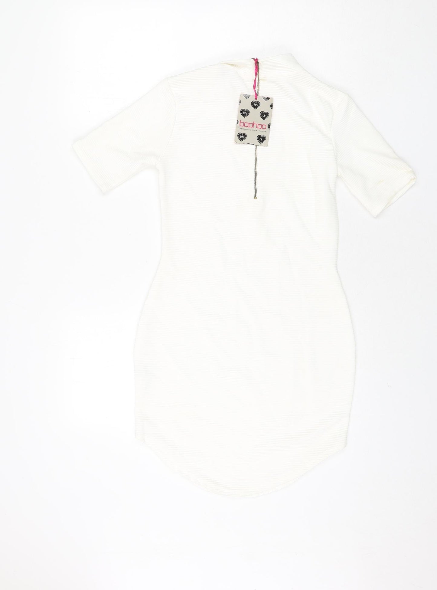 Boohoo Womens White Polyester Bodycon Size 8 Mock Neck Zip - Ribbed