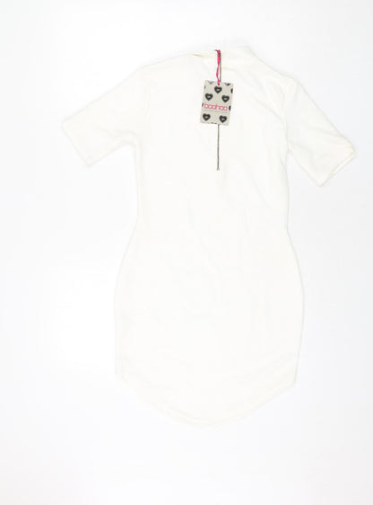 Boohoo Womens White Polyester Bodycon Size 8 Mock Neck Zip - Ribbed