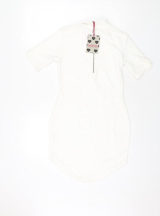 Boohoo Womens White Polyester Bodycon Size 8 Mock Neck Zip - Ribbed