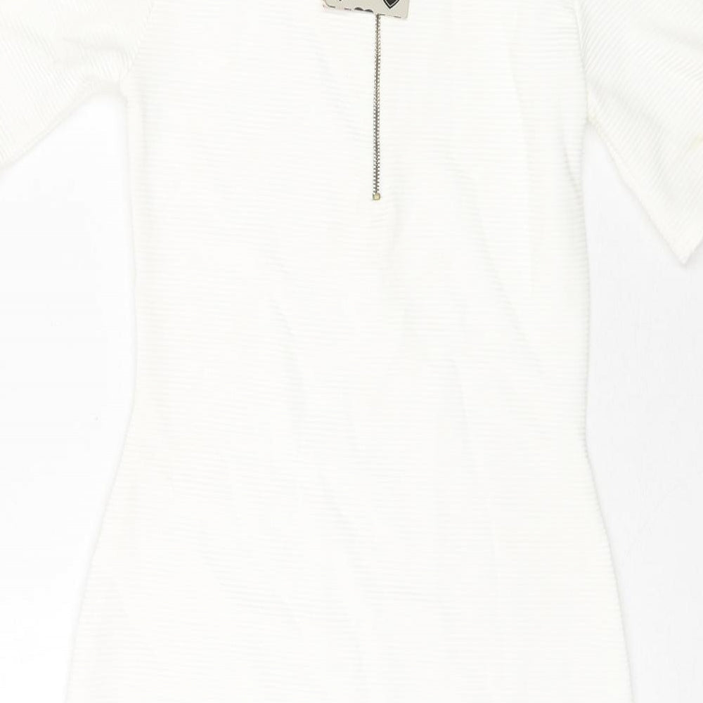 Boohoo Womens White Polyester Bodycon Size 8 Mock Neck Zip - Ribbed