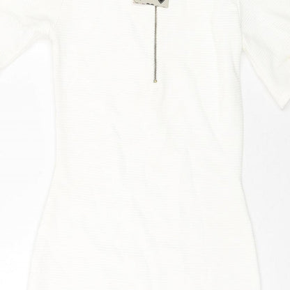 Boohoo Womens White Polyester Bodycon Size 8 Mock Neck Zip - Ribbed