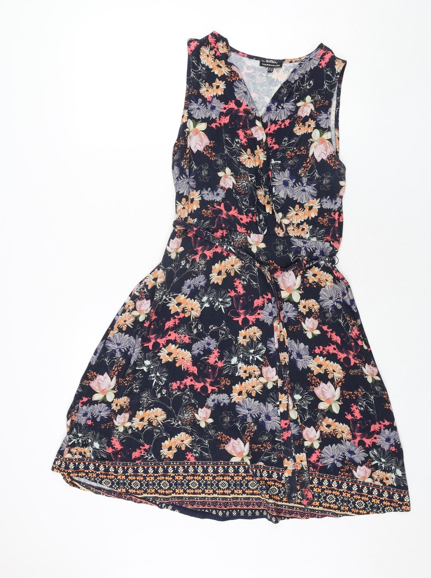 Warehouse Womens Multicoloured Floral Viscose A-Line Size 14 V-Neck Pullover - Belted