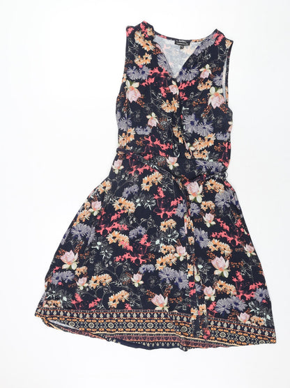 Warehouse Womens Multicoloured Floral Viscose A-Line Size 14 V-Neck Pullover - Belted