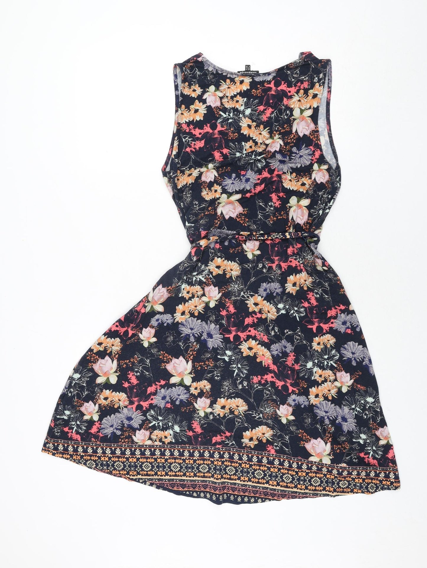 Warehouse Womens Multicoloured Floral Viscose A-Line Size 14 V-Neck Pullover - Belted
