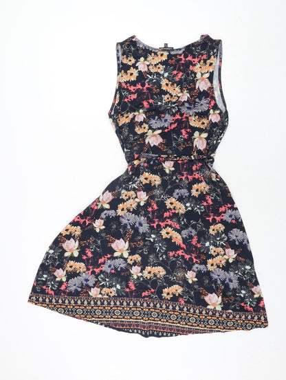 Warehouse Womens Multicoloured Floral Viscose A-Line Size 14 V-Neck Pullover - Belted