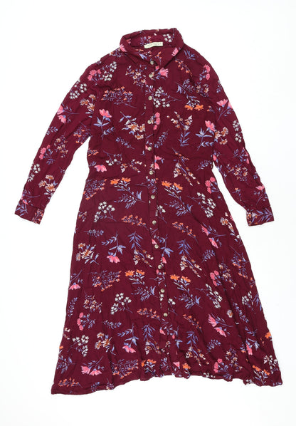 Innocence Womens Red Floral Viscose Shirt Dress Size 8 Collared Button
