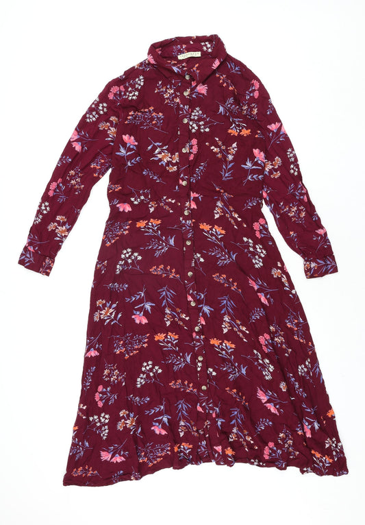 Innocence Womens Red Floral Viscose Shirt Dress Size 8 Collared Button